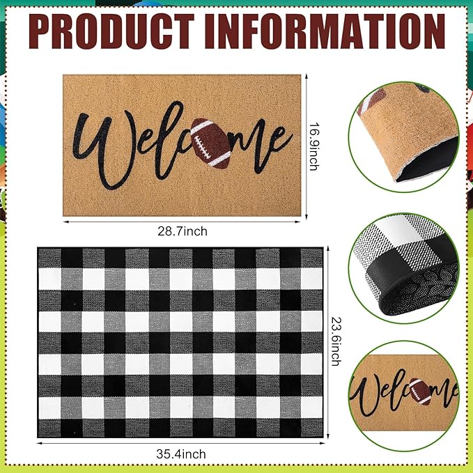 Tinideya 2 Pcs Football Door Mat Welcome Non Slip Coir Mats Funny Black White Buffalo Plaid Floor Layering Doormats Seasonal for Front Porch Entryway Decor(Football)