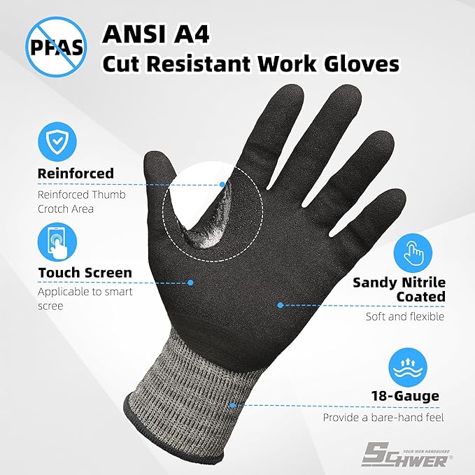 Schwer 6 Pairs ANSI A4 Cut Resistant Work Gloves with Extreme Lightweight & Thin, Sandy Nitrile Touchscreen Safety Working Gloves with Grip, 3D-Comfort Fit, Flexible and Breathable, L, AR5918