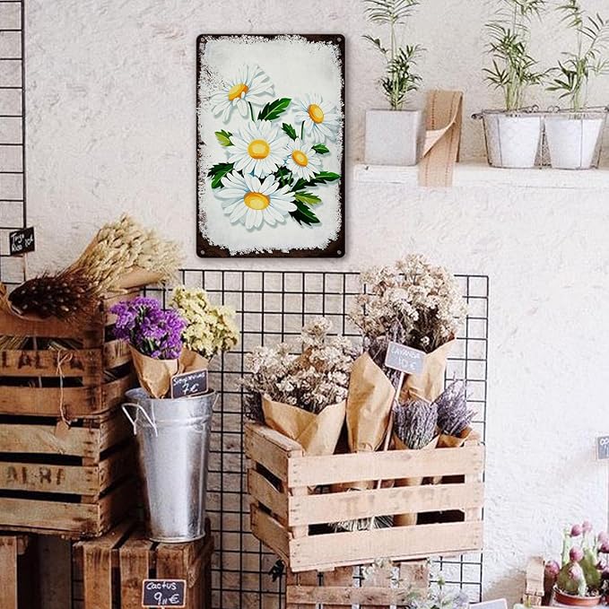 LZHQMI Vintage Tin Signs Flowers White Daisy Metal Wall Art Retro Flower Sign Wall Decor Kitchen Metal Tin Signs Cute Daisy Bathroom Wall Decorative Garden Signs Home Gift 8x12 Inch