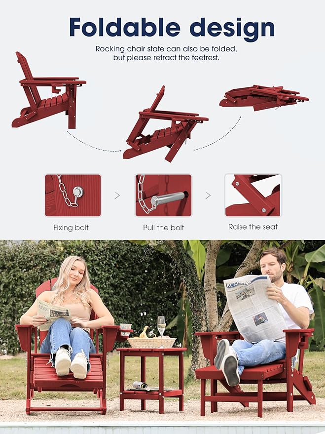 KINGYES Adirondack Rocking Chair Set of 4 with Retractable Ottoman and Cup Holders, HDPE Adirondack Rocker Patio Rocking Chair for Porch, Patio, Balcony, Burgundy Red