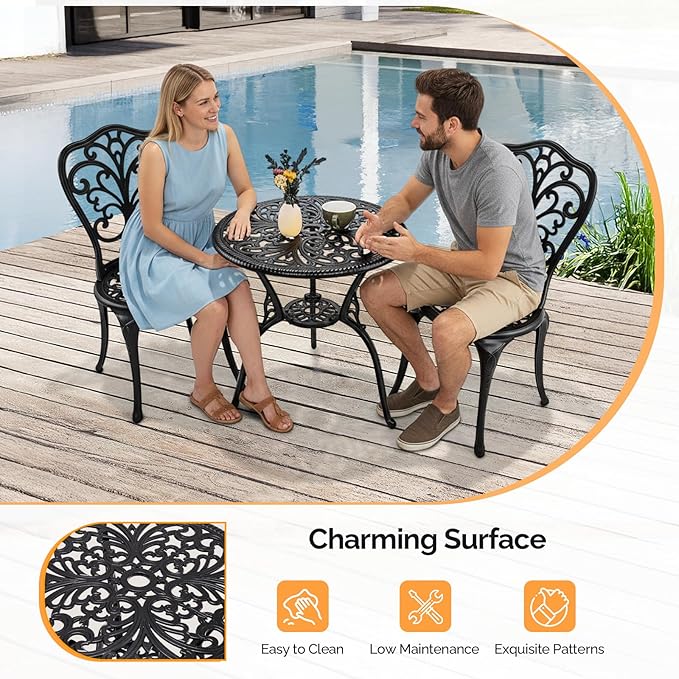 VINGLI 3 PCS Outdoor Bistro Set, Outdoor Patio Set, All-Weather Cast Aluminum Bistro Table Set, Bistro Table and Chairs Set of 2 for Backyard, Garden, Balcony (Black, Butterfly)