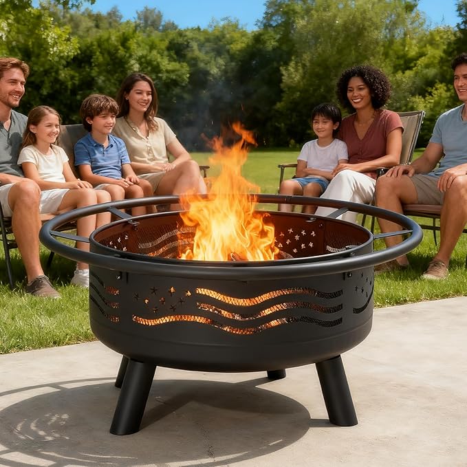Breezz 38 Inch American Flag Fire Pit with Mesh Cover & Poker, Round Metal Wood Burning Outdoor Firepit for Patio, Garden, Backyard, Bonfire, Ideal for 4th of July, Memorial Day, Christmas