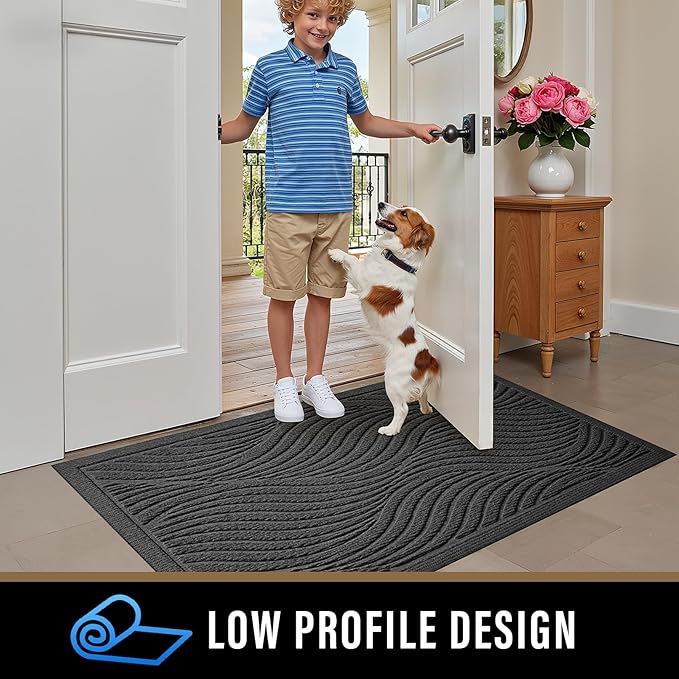PLEASOR Front Door Mat Outside Entrance, Absorbent and Dirt Resistant Welcome Mat Indoor Outdoor, Non-Slip Backing Entry Mat, Fade Resistant, Easy Clean Low Profile Doormat for Entryway, 36x24, Grey