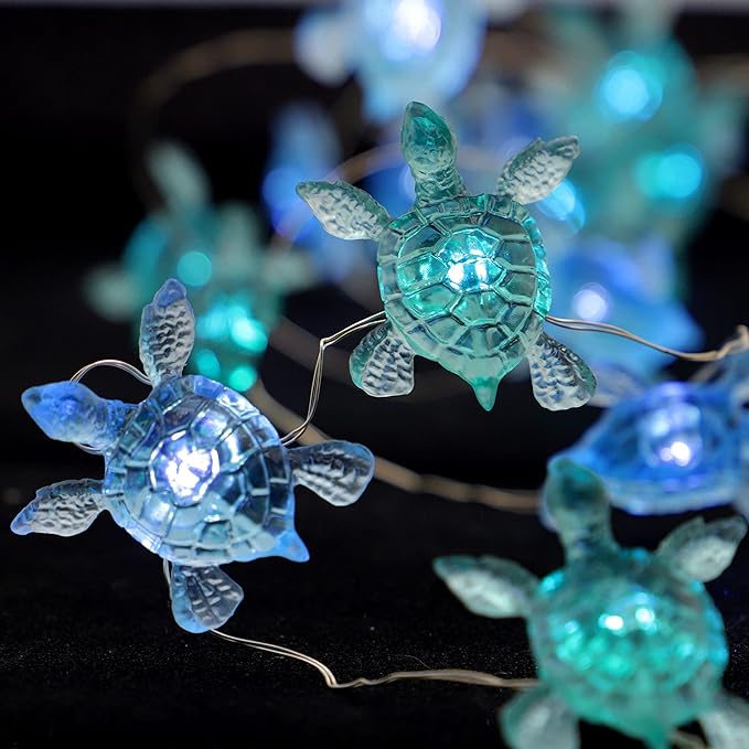 Blue Sea Turtle String Lights Battery Powered Summer Beach Decor with Remote Acrylic Sea Turtle Decor for Bathroom Shower Curtain