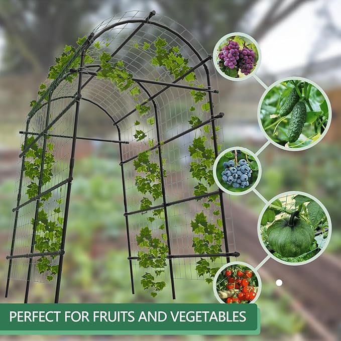 Adjustable Garden Arch Trellis, 7.5FT Metal Arbor with Climbing Net, 35"–45" Wide Weather-Resistant Pergola for Vines, Roses, Vegetables & Flowers, Sturdy Steel Frame, Easy No-Tool Assembly