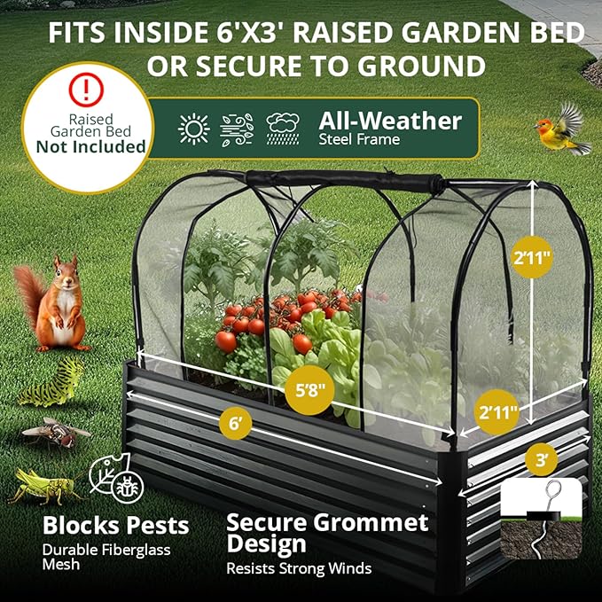 Raised Garden Bed Cover for 6x3 - Premium Black Fiberglass Mesh with Steel Frame for Natural Pest Protection - Dual Zipper Access Crop Cage