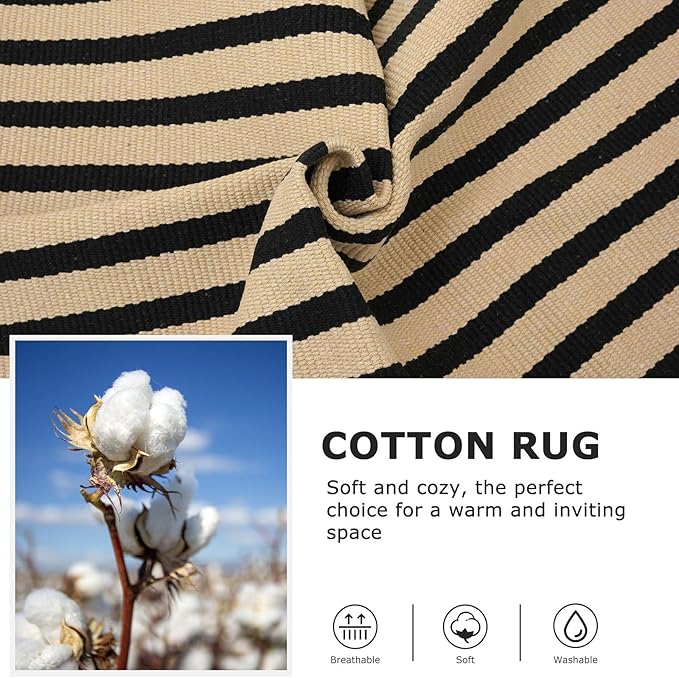 IOHOUZE Striped Area Rug 5'x7' Indoor Outdoor Rug, Washable Area Rug for Living Room, Large Patio Rug, Cotton Striped Rugs for Patio Living Room Bedroom,Tan/Black