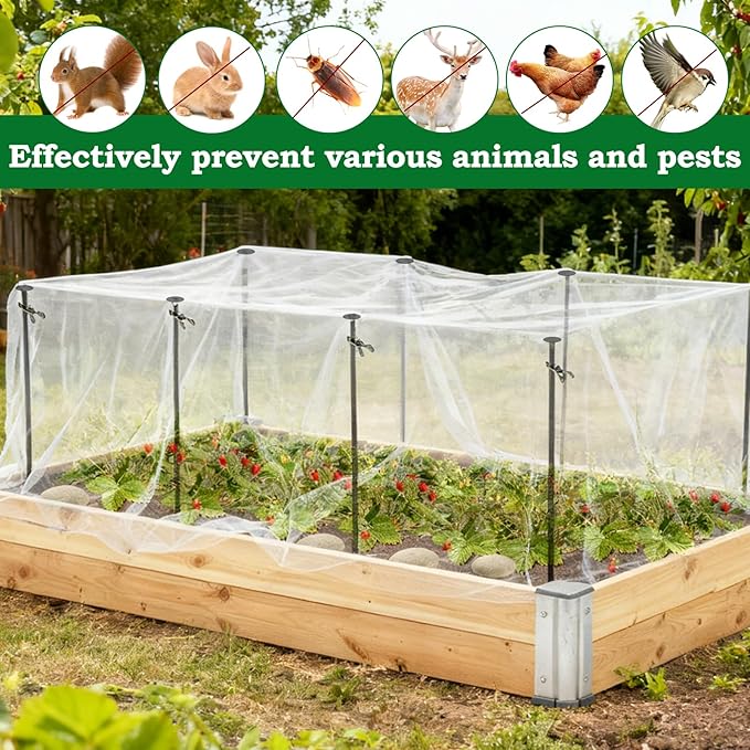 Metal Garden Netting Kit, 8 Pack 2.6ft Raised Garden Bed Net Support Stakes with 10´×13´ Fine Mesh Insect Netting 16pcs Clips Bird Barrier Screen Cover for Protect Plant Vegetable Row from Animals Bug