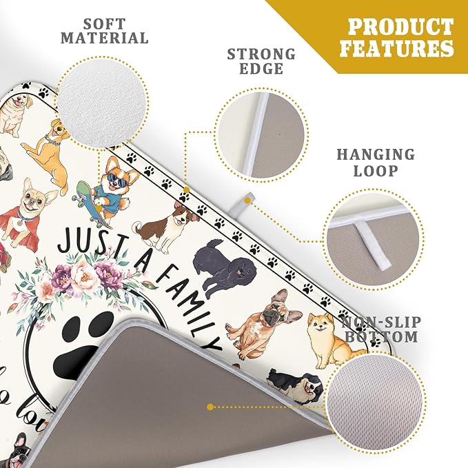 Dog Family Dish Drying Mat Cartoon Pet 18 X 24 in Absorbent Printed Drying Pad for Dog Lover