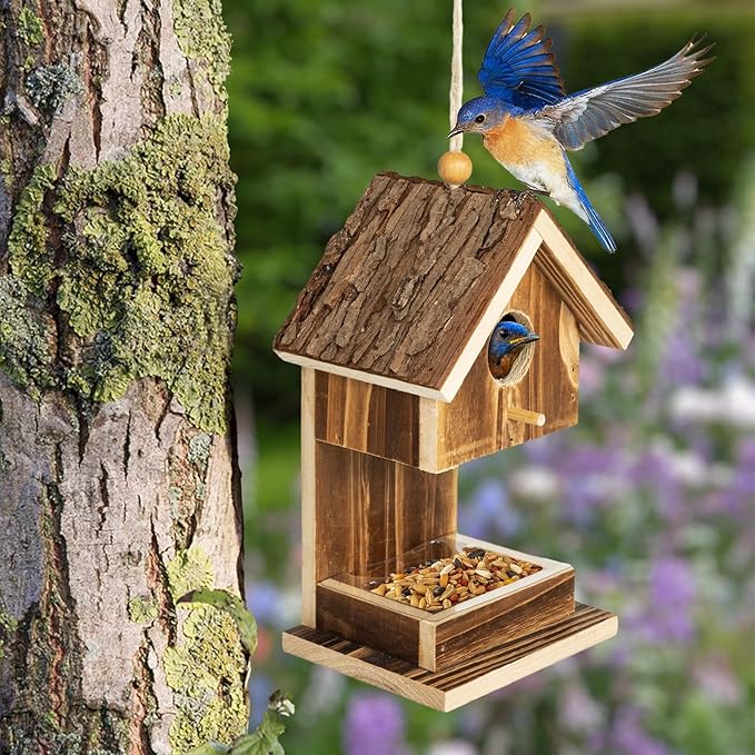 Bird Houses for Outside Hanging Bird House Feeder for Hummingbirds Cardinal Wren Bluebird Wild Birds Small Natural Wood Birdhouse for Country Cottages Farmhouse Outdoor Garden Decoration