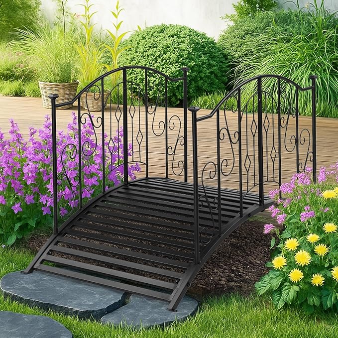 Outvita Metal Garden Bridge for Outdoor, Elegant Decorative Bridge with Powder-Coated Finish and Security Guardrail for Patio Pond Backyard Landscaping (Crown)