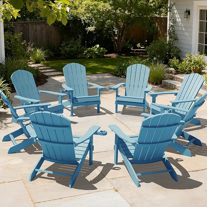 YEFU Adirondack Chairs Set of 8: Outdoor Chair HIPS Plastic Adirondack Chairs - Patio Chairs with Wood Texture - Lawn Fire Pit Deck Porch Garden Chairs for Adults (Blue)