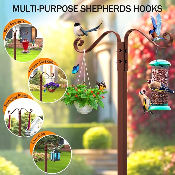 Garden Hose Holder - Upgraded Water Hose Holders for Outside with 5 Spikes & 2 Shepherds Hooks, Freestanding Hose Stand Hose Hanger Hose Storage Hose Reel Rack for Yard Lawn(Brown)