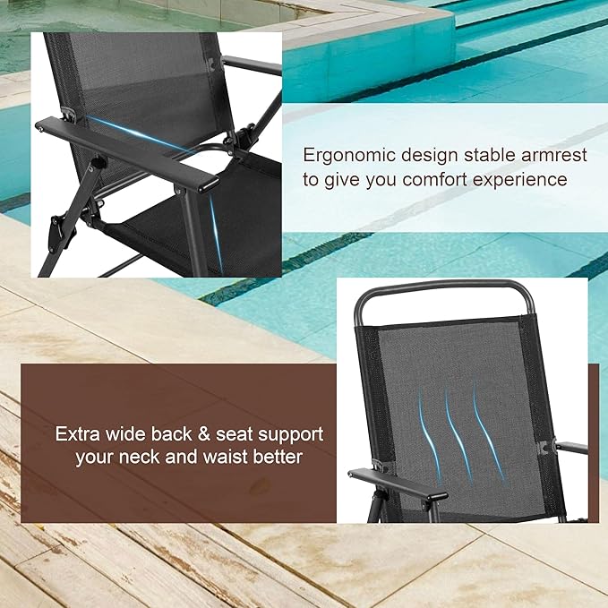Vongrasig 6 Pieces Folding Patio Dining Set, All Weather Small Metal Outdoor Table and Chairs Set, Patio Furniture Set w/Umbrella, Glass Table & 4 Folding Chairs for Garden, Lawn, Backyard, Black