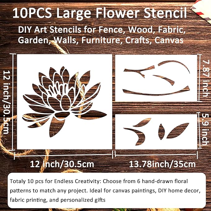 Large Flower Stencils Set, 12 x 12 Inch, 10 Pieces, DIY Art Templates for Walls, Wood, Fabric, Garden