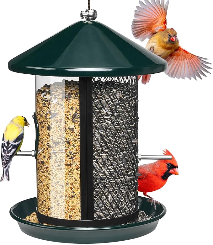 Kingsyard Metal Bird Feeder for Outdoor Hanging - Chew Proof Wild Bird Finch Cardinal Feeder with Dual Chamber of 4 lbs Capacity for Bluebird, Green