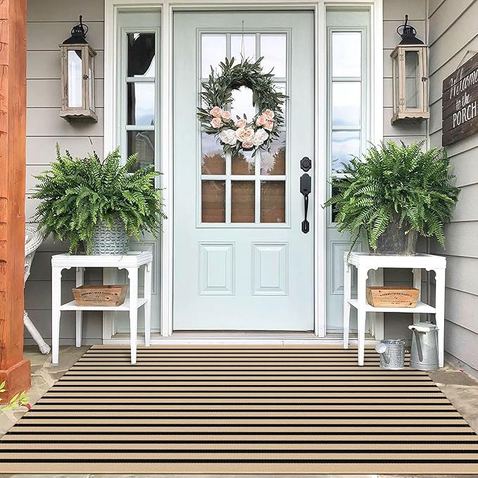 IOHOUZE Striped Area Rug 4'x6' Front Door Rugs Washable Area Rug for Double Front Porch, Large Patio Rug Outdoor Indoor, Doormat for Entryway Porch Entrance, Tan/Black