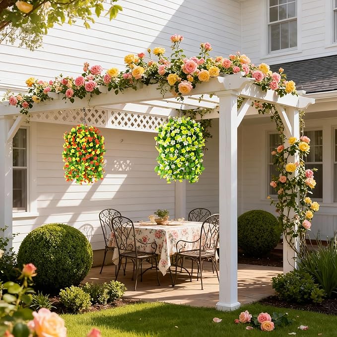 2 Pack Artificial Hanging Flowers, Fake Flowers Hanging Plant Violet Flower, Artificial Faux Silk Spring Flower for Wall Front Door Yard Garden Wedding Outdoor Decoration(Yellow White)