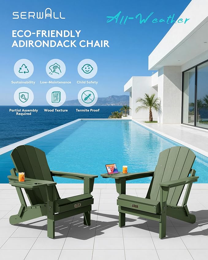 SERWALL Folding Adirondack Chair, Paito Adirondack Chairs with 4-in-1 Multi-Functional Cup Holder, Outdoor Chairs, All Weather Fire Pit Chair for Garden, Poolside, Backyard, Lawn - Army