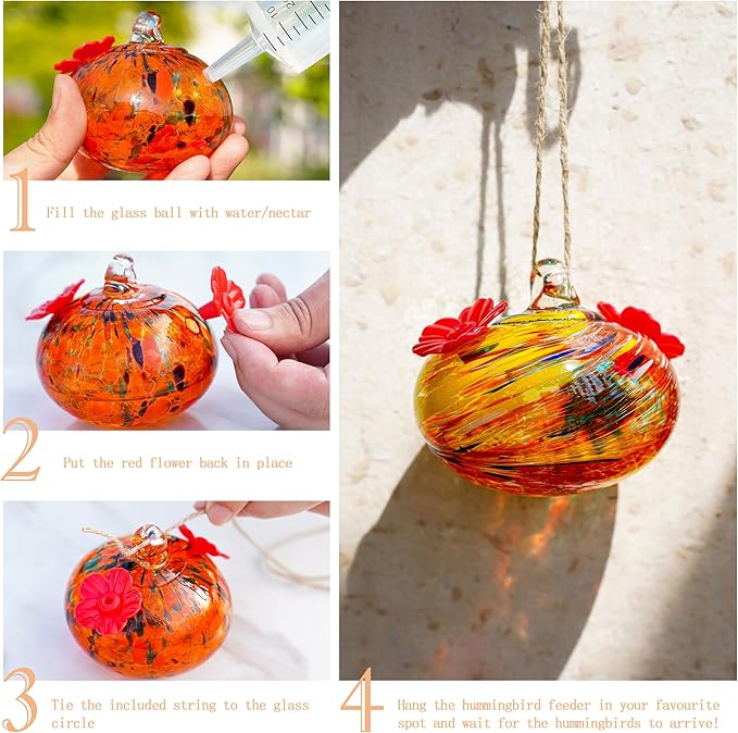 3in Small Colorful Hummingbird Feeder Glass for Outdoors Window Hanging Blown Glass Hummingbirds Feeders for Outside with 2 Feeding Ports Ant and Bee Resistant Humming Birds Feeder Gifts for Women