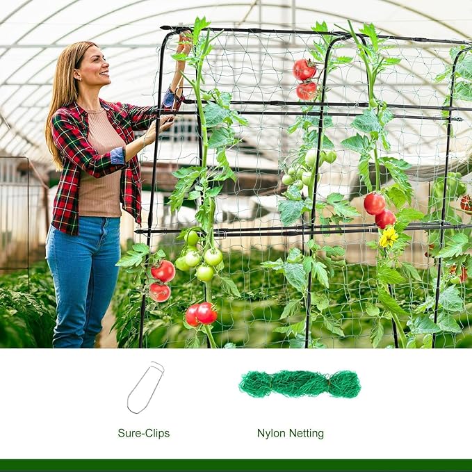 Garden Trellis for Climbing Plants Outdoor, Metal Cucumber Trellis Plant Support for Outdoor Vegetables Fruits Flowers Vines Cucumber Trellis Raised Bed, with Nylon Netting, 63" Hx 63" L, Black