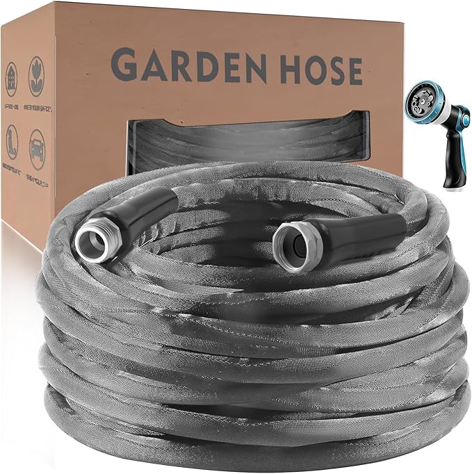 Non-Expanding Garden Hose 100ft – Flexible Water Hose, with 10-Function Spray Nozzle, Lightweight & Durable, Burst-Resistant for Yard, Lawn, Car Wash