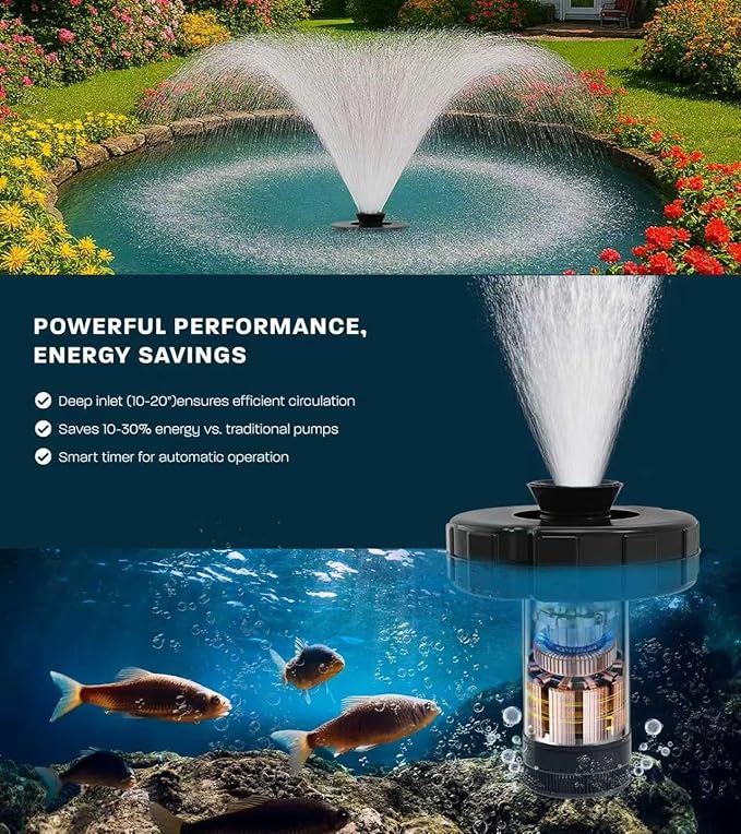 15000 GPH Pond Fountain Aerator, 110V,Floating Pond Fountain Pump with Stainless Steel Body, Pond Aerator Pump for Small & Large Ponds and Lakes (Black)