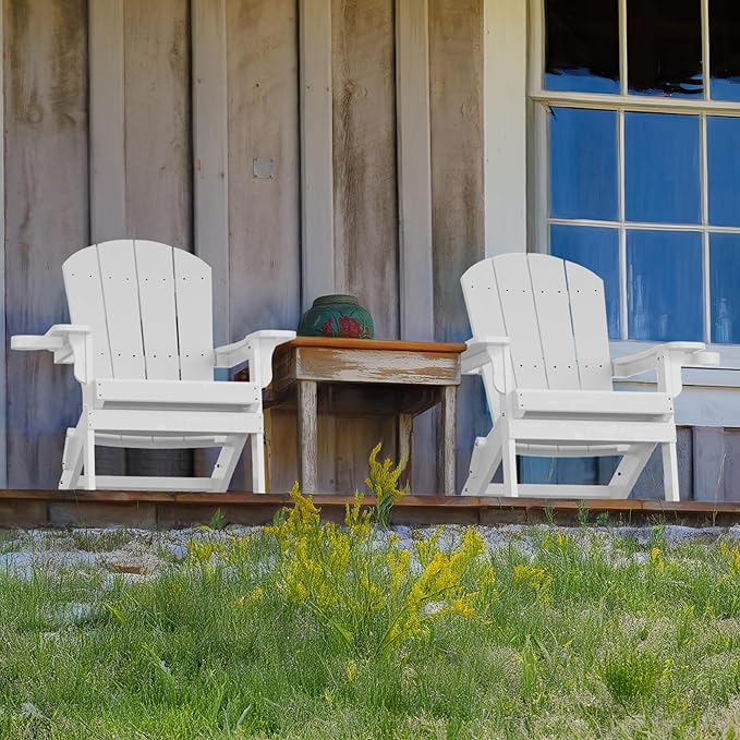 YEFU Adirondack Chair, Oversized Plastic Adirondack Chair Folding Outdoor Chairs with Cup Holder, Lawn Chair with Weather Resistant for Outside Deck Lawn Garden, Weight Capacity Up to 400 Lbs(White)