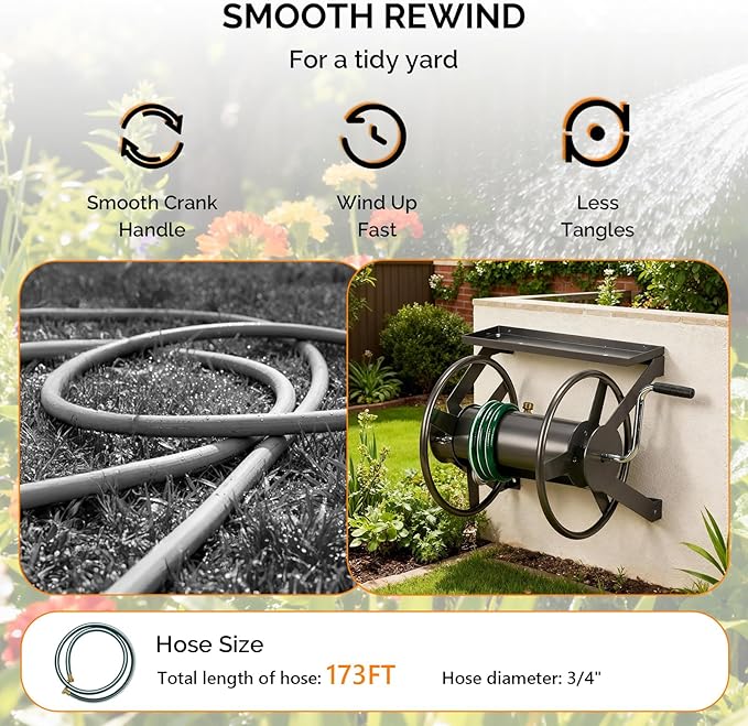 VINGLI Garden Hose Reel, Wall Mount Water Hose Reel for Garden Outside with Heavy Duty Space Saving Rolling Design Metal, 175FT Capacity for 3/4" Hose for Outdoor Use (Bronze)