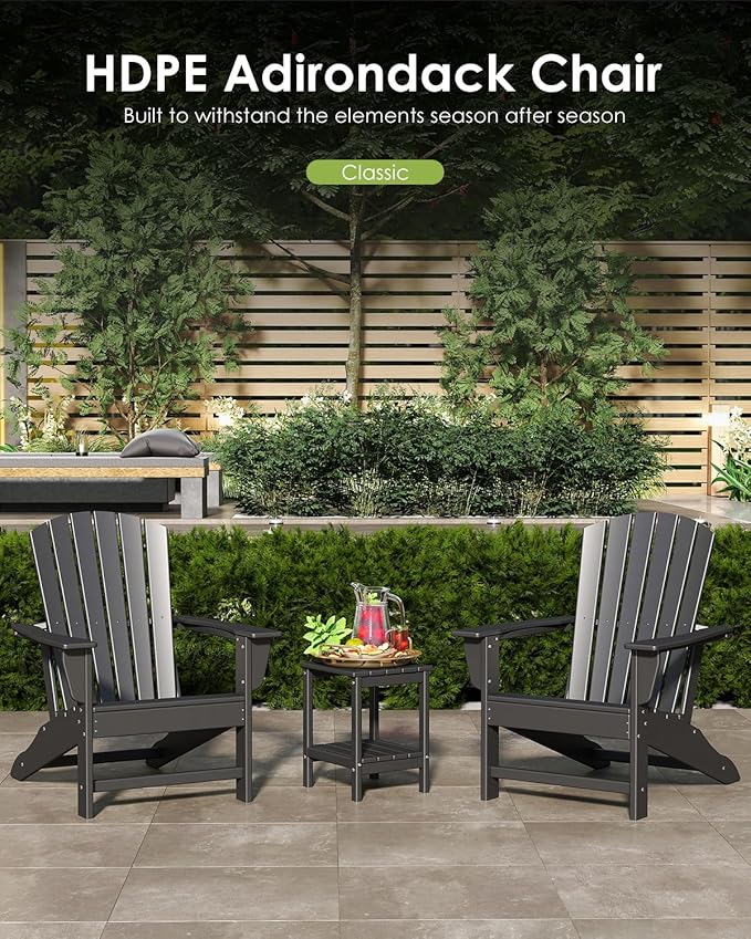 GREENVINES Adirondack Chairs Set of 2 | HDPE Plastic | Oversized Fire Pit Chair | All Weather | Black | Poly Lumber | for Outdoor Deck Backyard Patio Garden