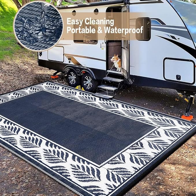 HUGEAR Outdoor Plastic Straw Rug, Waterproof Mat, Washable Large Floor Mat and Rug for Outdoors, RV, Beach, Patio, Camping, Backyard, Deck, Picnic, Outside (5x8ft,Olive-Leaf/Dark Blue&White)