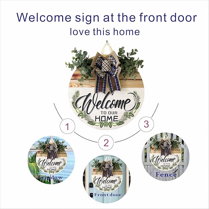 Welcome Sign Front Door Decoration 12 Inch Round Wood Wreath Wall Hanging Outdoor, Farmhouse, Porch, Suitable for Spring Summer Fall Seasons Holidays Christmas (blue)