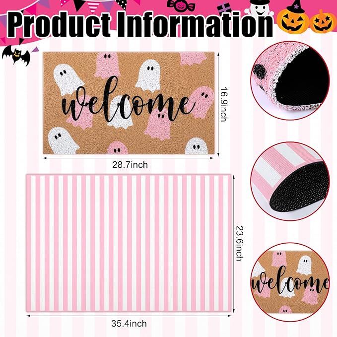 Tinideya 2 Pcs Halloween Door Mat Ghost Welcome Non Slip Coir Mats Pink White Stripe Floor Layering Doormats Seasonal for Front Porch Entryway Decor(Pink White Ghost)