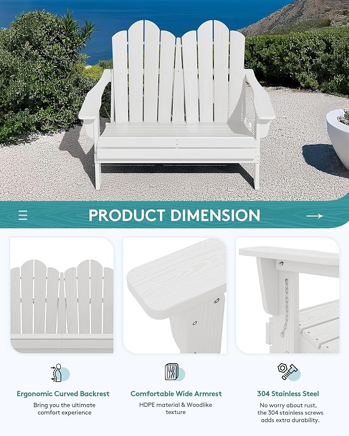 SERWALL HDPE Patio Furniture Set, 2 Adirondack Chair with Cup Holder & 1 Adirondack Bench & 1 Coffee Table with Umbrella Hole, All-Weather Outdoor Adirondack Chair Set for 4, White