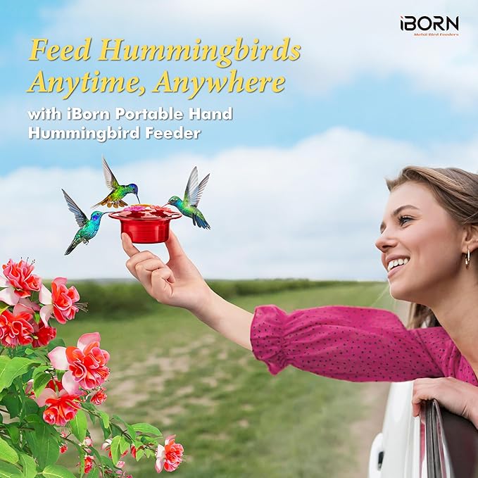 iBorn Handheld Hummingbird Feeders for Outdoors, Hummingbird Hand Feeder 3OZ Mini Bird Feeders for Outdoors, 3 Bee Guard Feeding Ports, Silicone Flower, Red (Set of 2)
