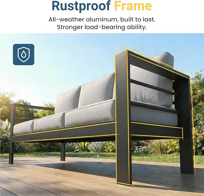 Wisteria Lane Aluminum Patio Furniture Set for All Weather, Oversized Metal Outdoor Furniture Set with 27.5" Deep Seat and Thick Back Cushion, Patio Conversation Sets with Wide armrest, Light Gray