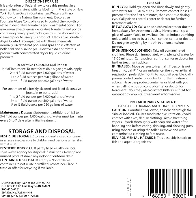 Fountain Algaecide and Clarifier - Gallon - Kills and Inhibits All Types of Algae Growth, Formulated for Small Ponds and Water Features, Treats up to 128,000 Gallons