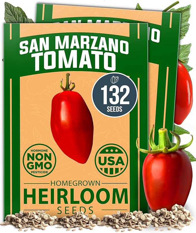 HOME GROWN San Marzano Tomato Seeds 132+ Heirloom Non-GMO Seeds for Planting, High Germination, Indeterminate Roma Paste Tomato, Meaty Low Acid, Best for Sauce & Canning (Solanum lycopersicum)