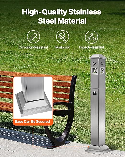 VEVOR Outdoor Trash Can, Weatherproof Lockable Trash Bin with Removable Inner Bucket, Freestanding Commercial Garbage Can, Butt Receptable for Garden, Office, Restaurant, Hotel, Silver