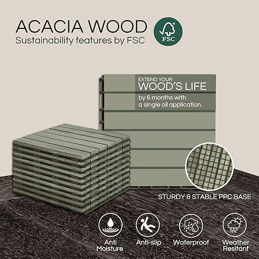 Deck Tiles, Patio Flooring - Outdoor Waterproof Acacia Wood Tiles for All Weather Use - Balcony, Backyard, Indoor & Outdoor (Green Crossed Pattern, 30 Pcs - 30 Square Ft)