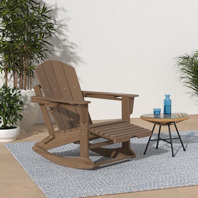 KINGYES Adirondack Rocking Chair Set of 4 with Retractable Ottoman and Cup Holders, HDPE Adirondack Rocker Patio Rocking Chair for Porch, Patio, Balcony, Brown