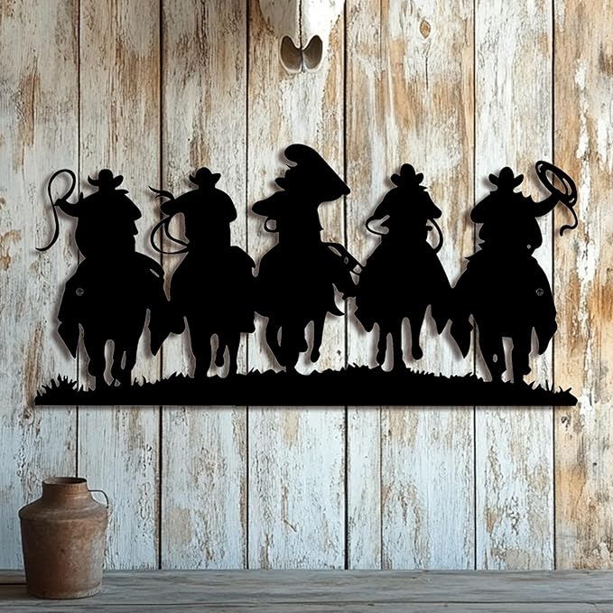LIYAOLI 3D Vintage Western Wall Decor,Black Metal Cowboy Wall Art Hanging Riding Rustic Cowboys Party Decorations Farmhouse Home Decor,Metal Wall Sculptures for Living Room,Bedroom