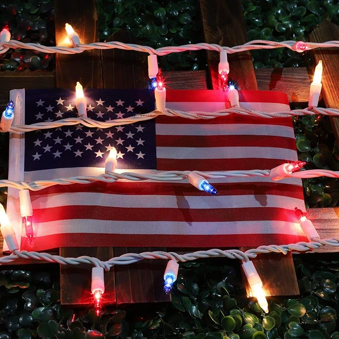 LAMPHOME Patriotic String Lights - Red White Blue Mini Lights with White Wire - 31.9Ft 300 Count UL Certified String Lights for Independence Day Patriotic Holidays Decoration (Red, White & Blue)