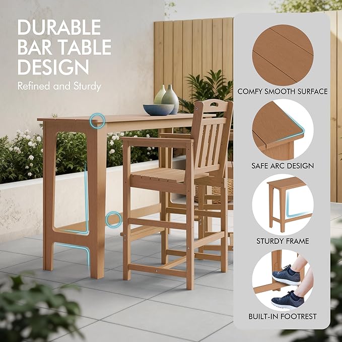 Ciokea 3 Pcs Outdoor Bar Height Table Set, 60" Extra Long Rectangle High Top Table and 2 Oversized Adirondack Chairs Set, Heavy-Duty All-Weather HDPE Patio Bar Set for Backyard Balcony Deck, Teak