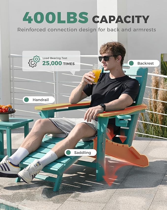 Folding Adirondack Chairs Set of 4,Adirondack Chair with Retractable Ottoman,Plastic Adirondack Chairs with 2 Cup Holder,Weather Resistant Patio Chair,Outdoor Chairs Set of 4(Lake Blue)