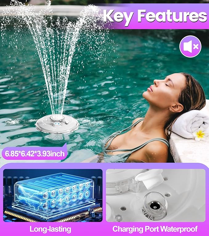 Floating Pool Fountain with Lights Show, Upgraded Pool Fountains with Anchor, Pool Water Fountain, Swimming Pool Fountains for Inground Pool, Waterfall for Above Ground Pond-White