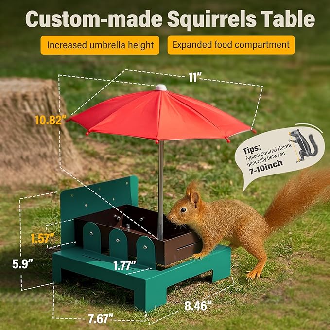 Squirrel Picnic Table Feeder with Umbrella – Metal Squirrel Feeder for Outdoors, Large Food Tray & Corn Cob Holder, Funny Picnic Table for Wildlife, Tree-Mount Squirrel Table Feeding Station