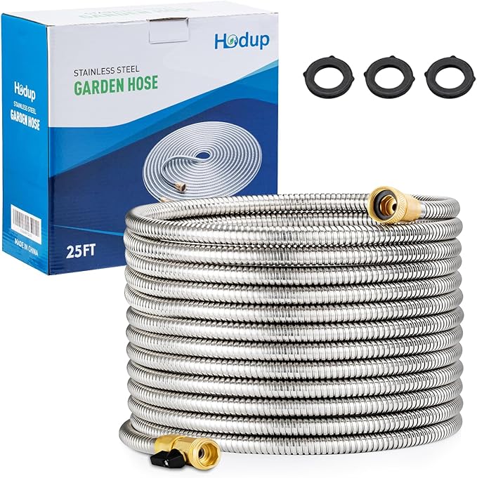 25FT Stainless Steel Metal Garden Hose - Lightweight, Kink-Free & Tangle-Free, Flexible with Brass Fittings, On/Off Valve, Pet Proof, Puncture Proof for Yard, RV, Car Washing (Silver)