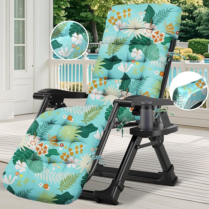 Outdoor Chaise Lounge Chair Cushion Waterproof 66 x 21 x 4 Inches Cotton Lounge Chair Cushions with Ties, Soft Thickened Lounge Chair Cushions for Indoor Outdoor Furniture (Green Flower Leaf)