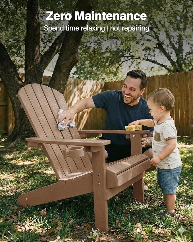 YEFU Adirondack Chairs Set of 4: Outdoor Chair HIPS Plastic Adirondack Chairs - Patio Chairs with Cup Holder & Wood Texture - Lawn Fire Pit Deck Porch Garden Chairs for Adults (Teak)